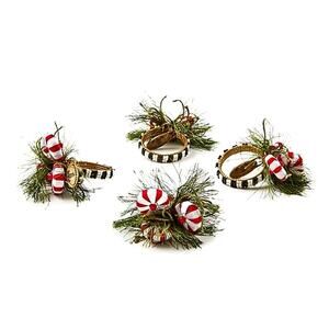 MACKENZIE-CHILDS Peppermint & Pine Napkin Rings Set of 4 NEW